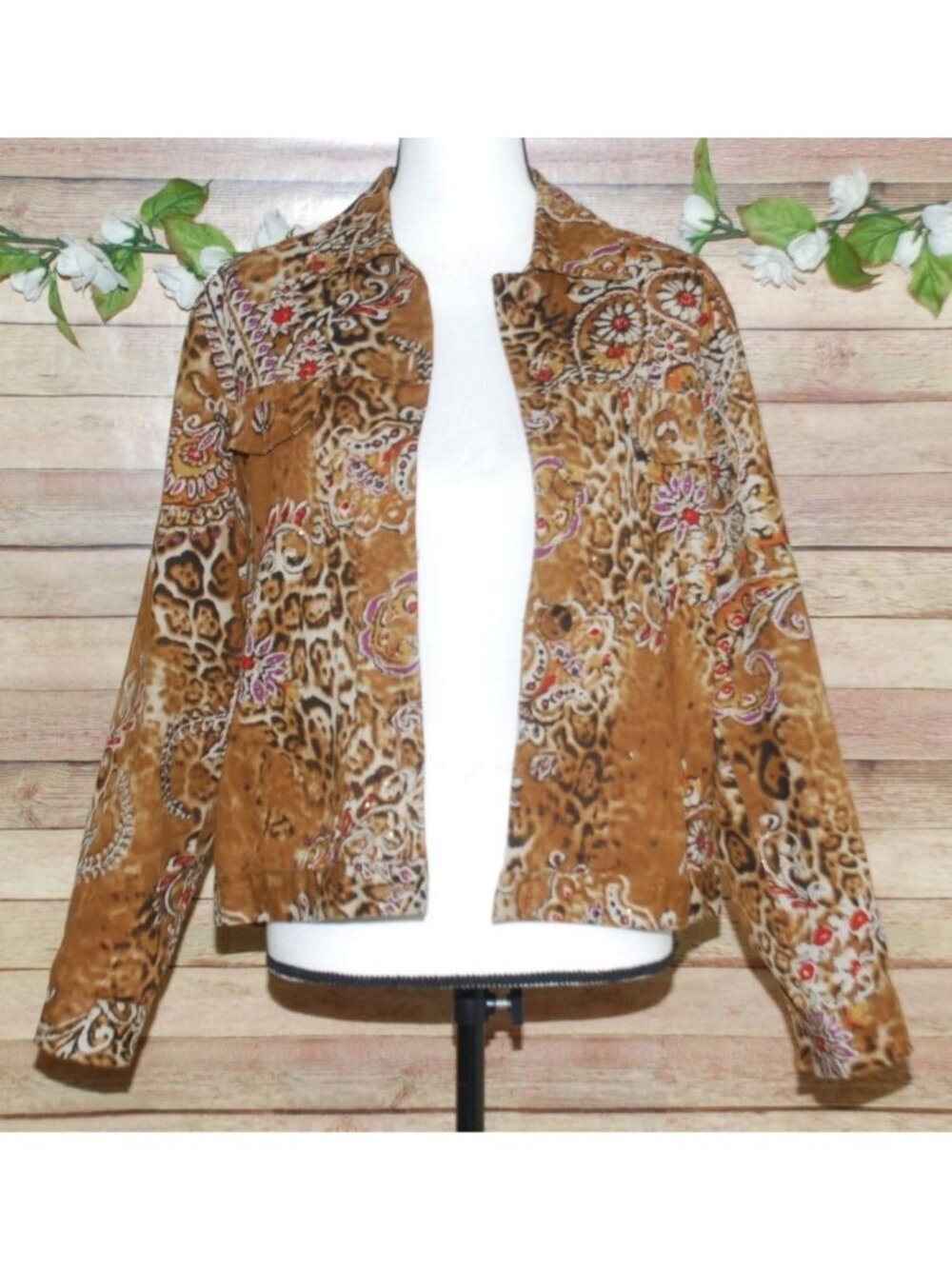 New Direction Brown Sparkle Animal Print Blazer Jacket Size S Button Up Paisleys